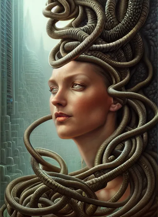 Prompt: closeup portrait shot of a medusa in a scenic dystopian environment, intricate, elegant, highly detailed, centered, digital painting, artstation, concept art, smooth, sharp focus, illustration, artgerm, tomasz alen kopera, peter mohrbacher, donato giancola, joseph christian leyendecker, wlop, boris vallejo