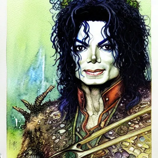 Prompt: a realistic and atmospheric watercolour fantasy character concept art portrait of michael jackson as a druidic warrior wizard looking at the camera with an intelligent gaze by rebecca guay, michael kaluta, charles vess and jean moebius giraud