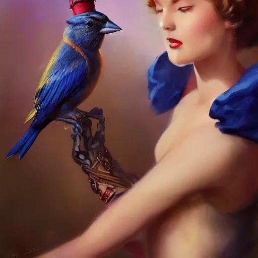 Image similar to an indigo bunting, wearing a crown and bowtie, by greg rutkowski, rossdraws, gil elvgren, enoch bolles, anime, very coherent