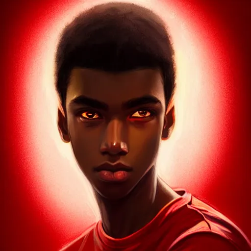 Image similar to colorful and festive captivating teenager with straight brown hair covering his eye, dark skin, big lips, big eyes, wearing a red t - shirt. rich vivid colors, ambient lighting, dynamic lighting, 4 k, atmospheric lighting, painted, intricate, highly detailed by charlie bowater