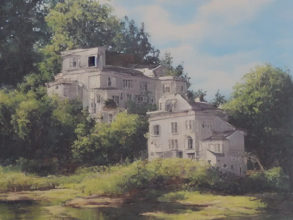 Prompt: A beautiful painting of a building in a serene landscape, magic realism