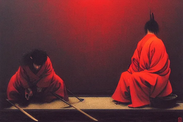 Image similar to only with red, a red samurai do seppuku, tokio, a lot of frogs watch, in the style of beksinski, parts by edward hopper, parts by rodcenko, parts by yue minjun, intricate and epic composition, red by caravaggio, insanely quality, highly detailed, masterpiece, red light, artstation, 4 k