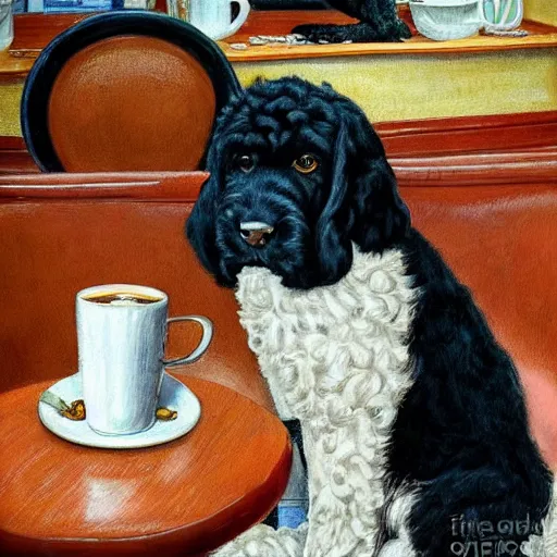 Image similar to Black Goldendoodle with a bright face and a puppy sitting at a diner drinking a cup of coffee, looking melancholy, Norman Rockwell style