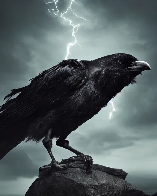 Prompt: a close up portrait of an angry crow!!, standing on a rock in a storm, lightning, dramatic clouds, digital matte painting, fantasy art, moody, dark, brooding, forests, trending on artstation, cgsociety, unreal engine