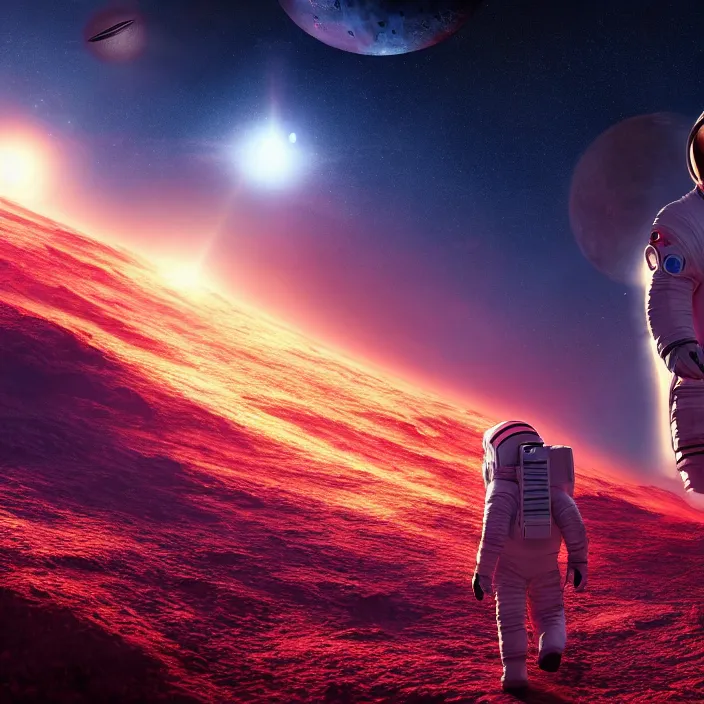 Image similar to a astronaut walking on a alien planet with a red giant galaxy appearing in the sky, digital art, concept art, trending on DeviantArt, highly detailed, high quality, 8K HDR, cinematic lighting, breathtaking image