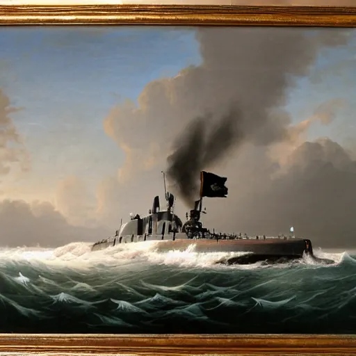 Prompt: uss submarine painting by hubert robert ssn deckhouse skipjack detailed