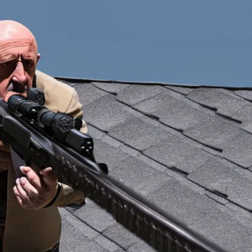 Image similar to film still of mike ehrmantraut aiming with a sniper rifle on a rooftop, 4 k, highly detailed