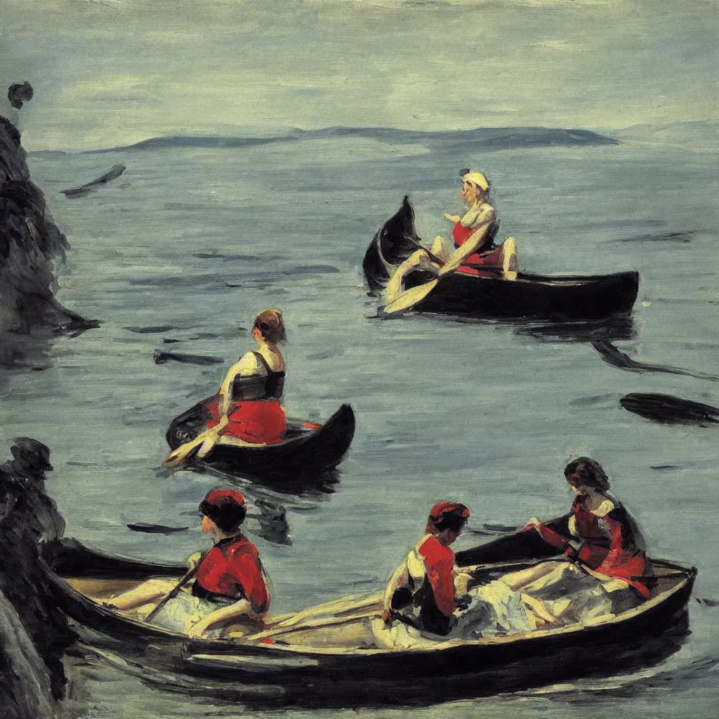 Image similar to a beautiful woman sitting in canoe on the hudson river, oil painting, style of george bellows