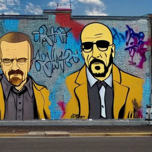 Image similar to a graffiti mural of breaking bad in the art style of Banksy