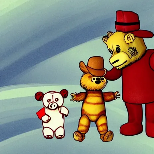 Image similar to “ freddy fazbear and paddington meet in londom in 1 9 8 7. ”