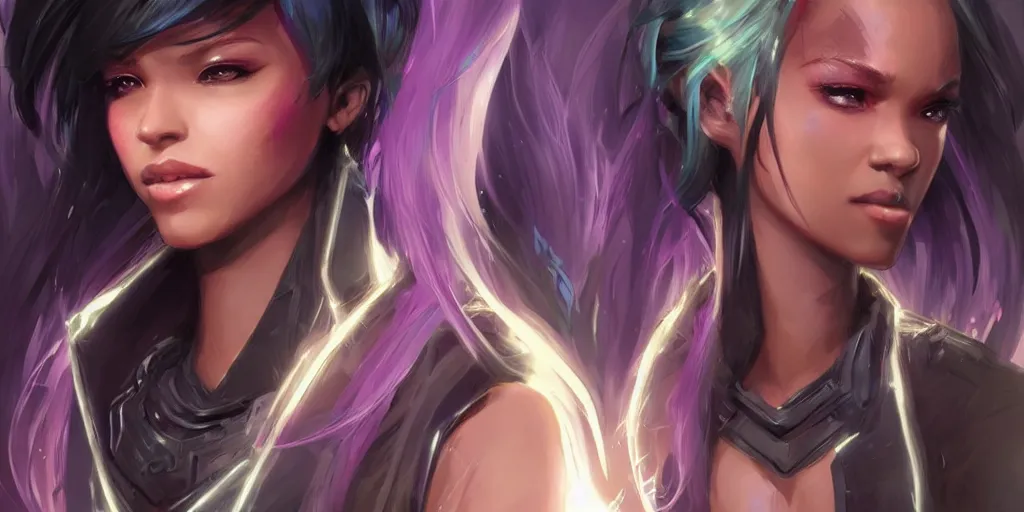 Image similar to concept art of young black female netrunner d & d video game characters head designs, unique hair designs, by marc brunet and artgerm