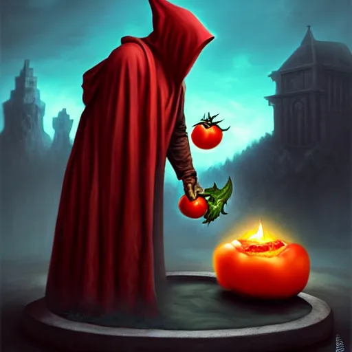 Image similar to a hooded cultist is stabbing a tomato placed on an altar, in front of a stone statue of a forgotten god, by patrick mcenvoy and michael komarck and fantasy flight, incredible quality, trending on artstation