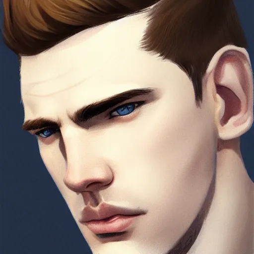 Image similar to tall chunky man in his twenties with brown blond short regular haircut and round facial structure with cleft chin, straight eyebrows, big grey blue eyes, small grinn, cheekbones, straight nose, wider face, shadow of beard, atmospheric lighting, painted, intricate, 4 k, highly detailed by charlie bowater