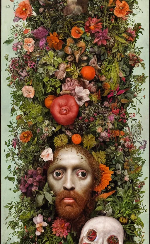 Prompt: a becoming and phenomenal jesus in the rain from clockwork orange in a lush garden full of diverse plants, by mab graves and giuseppe arcimboldo. luminism. hypermaximalist. gouache. trending on artstation.