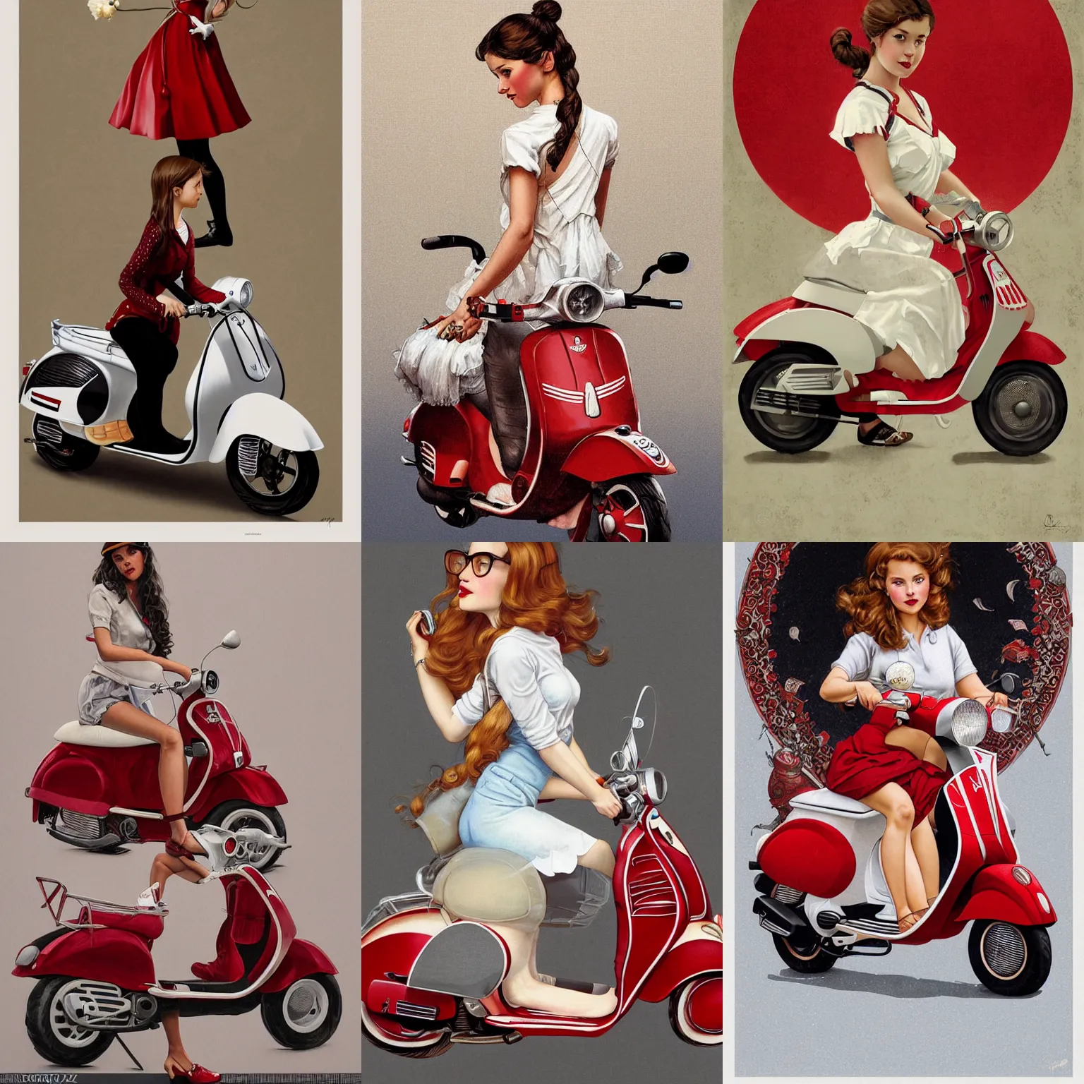 Prompt: a poster of a cute young woman and her white and cherry red vespa on white background, intricate, highly detailed, digital painting, artstation, concept art, smooth, sharp focus, illustration, art by norman rockwell, emiliano ponzi, andrey remnev, yoann lossel, aaron jasinski, 8 k