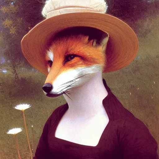 Image similar to A portrait of a fox wearing a hat full of dandelions, by Robert Cleminson and William-Adolphe Bouguereau