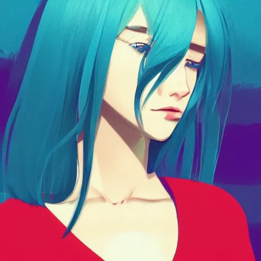 Image similar to profile shot of ilya kuvshinov with long hair, sky blue hair, hazel eyes, boyish face, professional digital painting, concept art, award - winning photography, cinematic, tarot card, awe, regal, wlop, holy, spiritual, art by andy warhol, pixiv art, yoshitaka amano