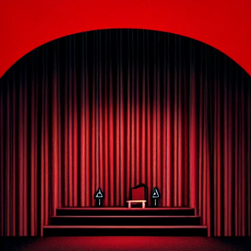 Prompt: the black lodge, Twin Peaks (1990), eerie surreal nightmare, lynchian, inspired by david lynch, red curtains, ominous, 4k horror artwork, trending on artstation, sharp focus