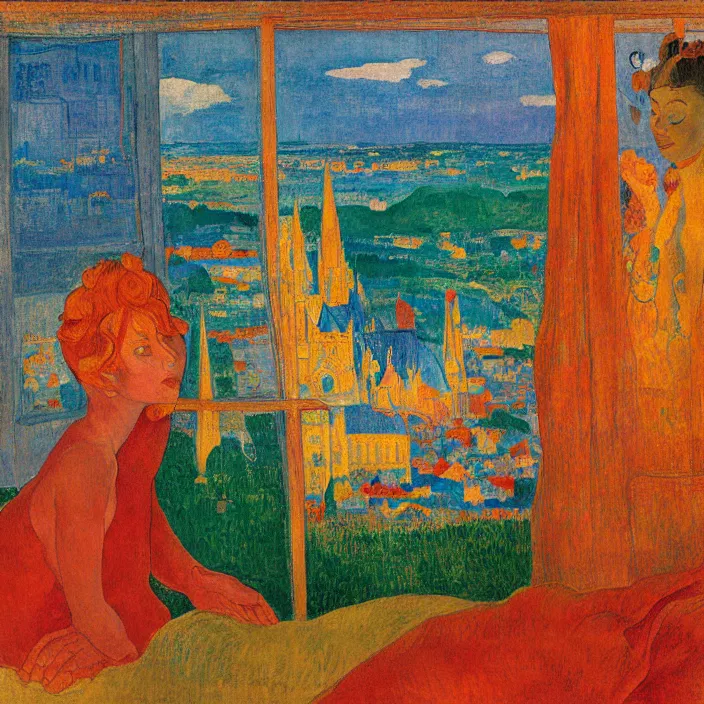 Prompt: close portrait of woman sitting on the bed with orange cat and aloe vera, with city with gothic cathedral seen from a window frame with curtains. sun setting through the clouds, vivid iridescent psychedelic colors. gauguin, agnes pelton, egon schiele, henri de toulouse - lautrec, utamaro, monet