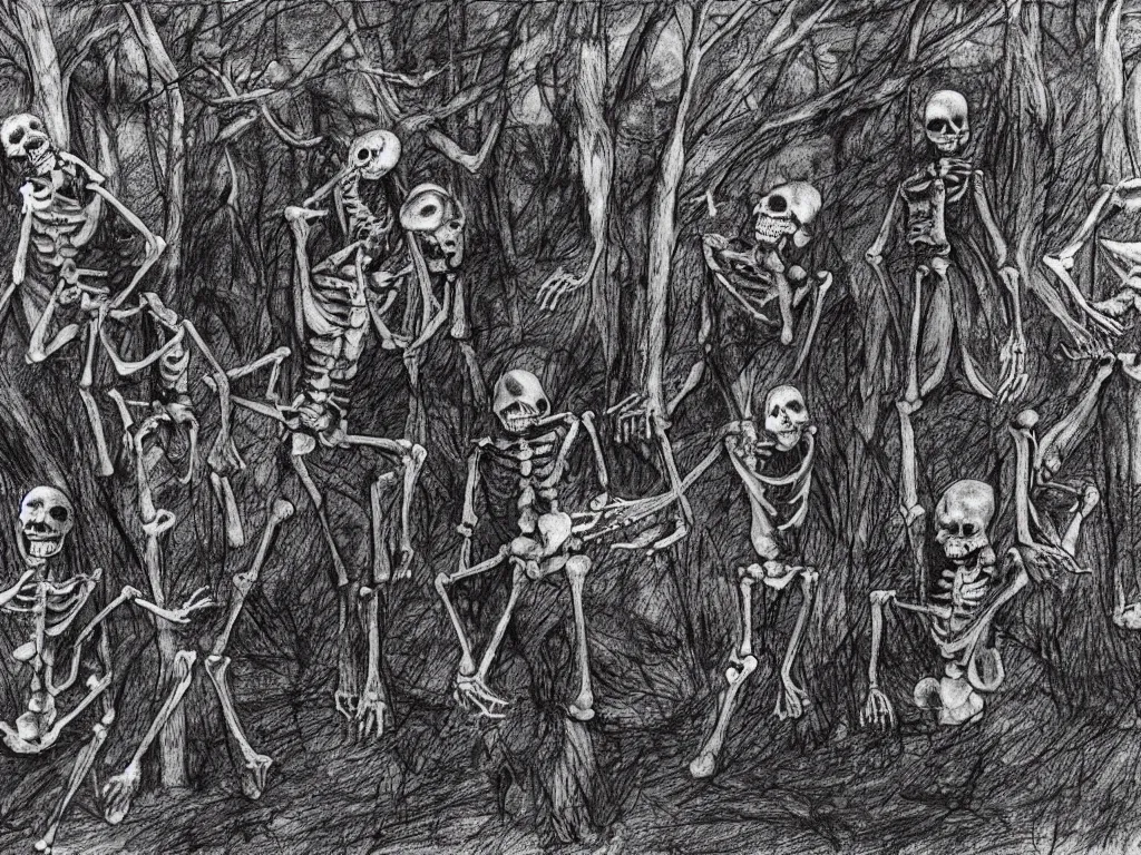 Prompt: frightened screaming human skeletons on amateur home video being chased by scp-106 in a dark forest at night, photorealistic amateur photography low camera angle, art by irina french, tom cross