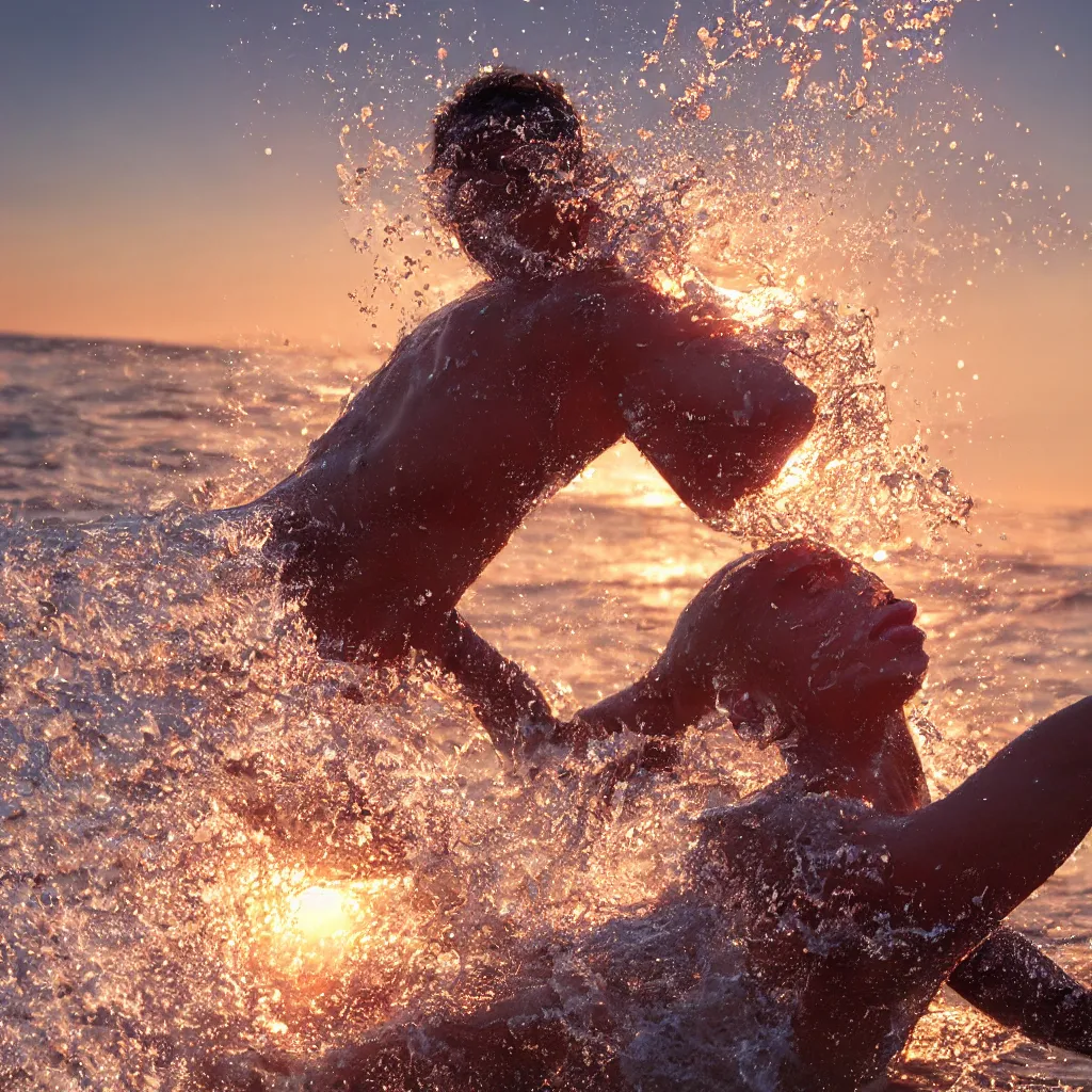 Prompt: a closeup photorealistic photograph of glistering sweaty skin face in the surf during sunset. professional capture, well lit shot. this 4 k hd image is trending on artstation, featured on behance, well - rendered, extra crisp, features intricate detail, epic composition and the style of unreal engine.