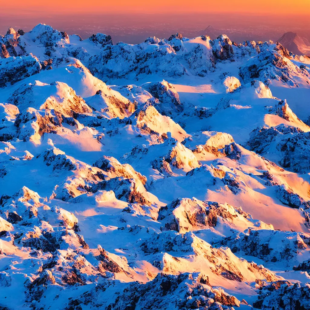 Prompt: the summit of a rocky, ice - capped mountain range overlooking the ocean at sunset. alaskan mountain range. ice field. sun setting over the ocean. style of a national geographic photo. 4 k highly detailed and colorful.