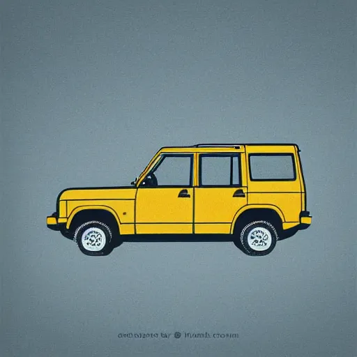 Image similar to land rover discovery driving down a windey road with noctoluminescent clouds in the sky, simplistic style, 1 9 8 0 s poster style