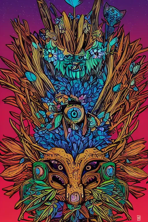 Image similar to animal mask totem roots flower tribal feather gemstone plant wood rock shaman vodoo video game vector cutout illustration vivid multicolor borderlands comics by josan gonzales and dan mumford radiating a glowing aura