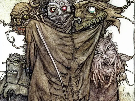 Image similar to goblins by arthur rackham and by Tony DiTerlizzi and by brian froud