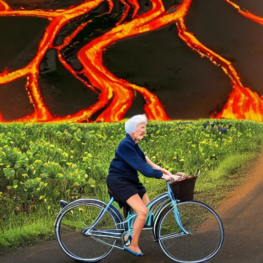 Image similar to a cute gentle elderly woman riding a bike through a field of lava and tentacles, realistic photo