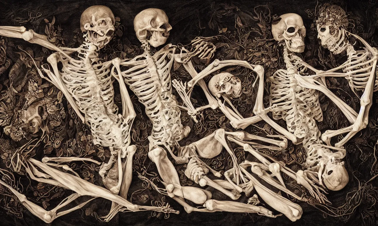 Prompt: intertwined bodies lying on a bed feeling an existential dread of love, HD Mixed media, highly detailed and intricate, skeletal, botany, surreal illustration in the style of Caravaggio, baroque dark art