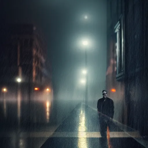 Prompt: photorealistic, hyperdetailed portrait of robert downey junior, night, city, rain, dense fog, hd, 8 k resolution