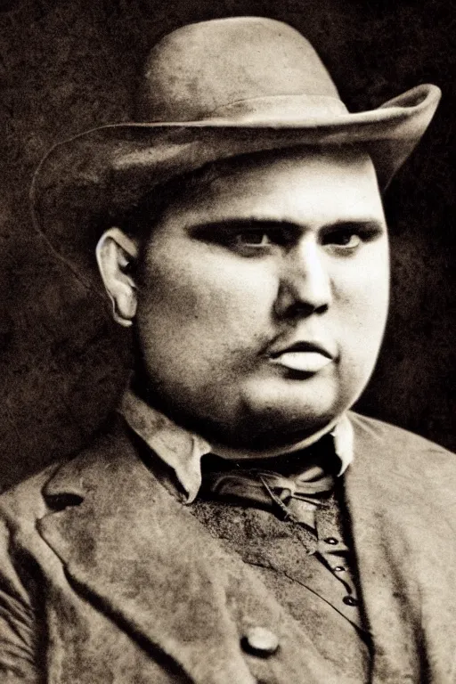 Image similar to morbidly obese jesse james, old - time western photo, very detailed, high quality, sepia tones,