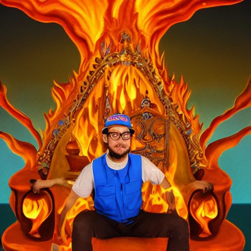 Image similar to close-up of Blippi sitting on a golden throne in a fiery hellish cave, oil painting, 8k, highly detailed, highly intricate,