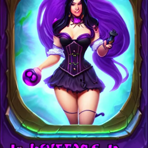 Image similar to a beautiful woman with long black hair, wearing a black corset top and a purple tutu, Hearthstone official splash art