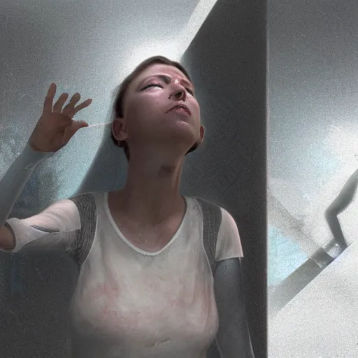 Image similar to a clone awaking from a test tube, opening her eyes for the first time, envisioning the dystopian world around her, illustrated by greg rutkowski, roger magrini, richard mortensen and leticia gillett, dramatic lighting, envious atmosphere, daz 3 d, unreal engine 5, cgsociety contest winner, 4 k