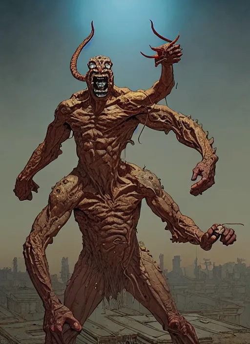 Image similar to masterpiece concept art, levitrial the ancient demon god, by geoff darrow and greg rutkowski and greg darrow, 8 k, intricate detail, cinematic lighting