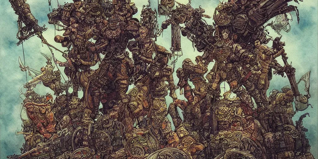 Image similar to “ parade of ornate warriors, dieselpunk : : epic : : cinematic : : watercolour : : art nouveau : : poster style : : by paul pope : : brian froud : : moebius : : travis charest : : gustave dore ”