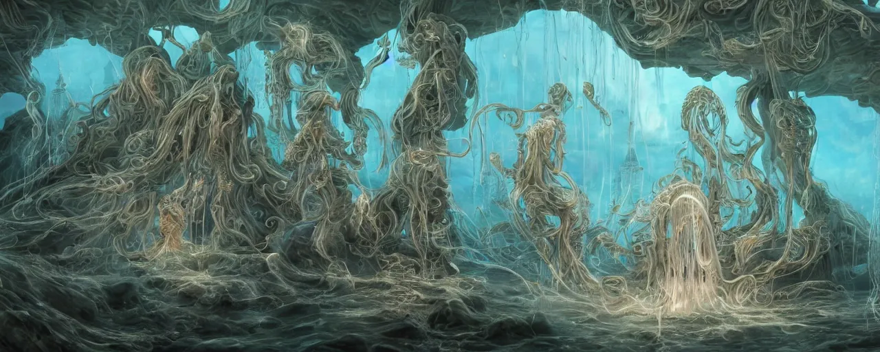 Prompt: A painting of priestesses worshipping at the jellyfish temple, shrouded in mist, jellyfish god, 8K, illustration, by Justin Cheung and ArtGerm and Stéphane Roux, smoke, cinematic, insanely detailed and intricate, hypermaximalist, elegant, super detailed, award-winning, chartreuse and cyan, mysterious, ancient, ritual, ethereal, trending in cgsociety, artstation HQ, ornate, elite, haunting, matte painting, beautiful detailed, insanely intricate details, artstation trending