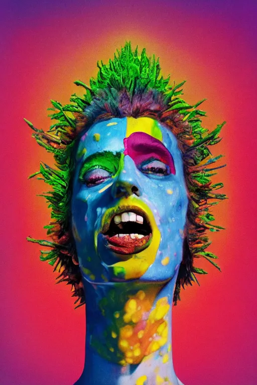 Prompt: a colorful vibrant closeup portrait of a st vincent licking a tab of lsd acid on his tongue and dreaming psychedelic hallucinations, wearing an alexander mcqueen headdress, high fashion, by moebius, edward hopper and james gilleard, zdzislaw beksinski, steven outram colorful flat surreal design, hd, 8 k, artstation