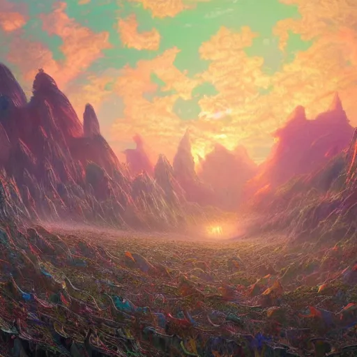 Image similar to concept art painting of a psychedelic dragon landscape made of thousands of dragons, realistic, detailed, cel shaded, in the style of makoto shinkai and greg rutkowski and james gurney