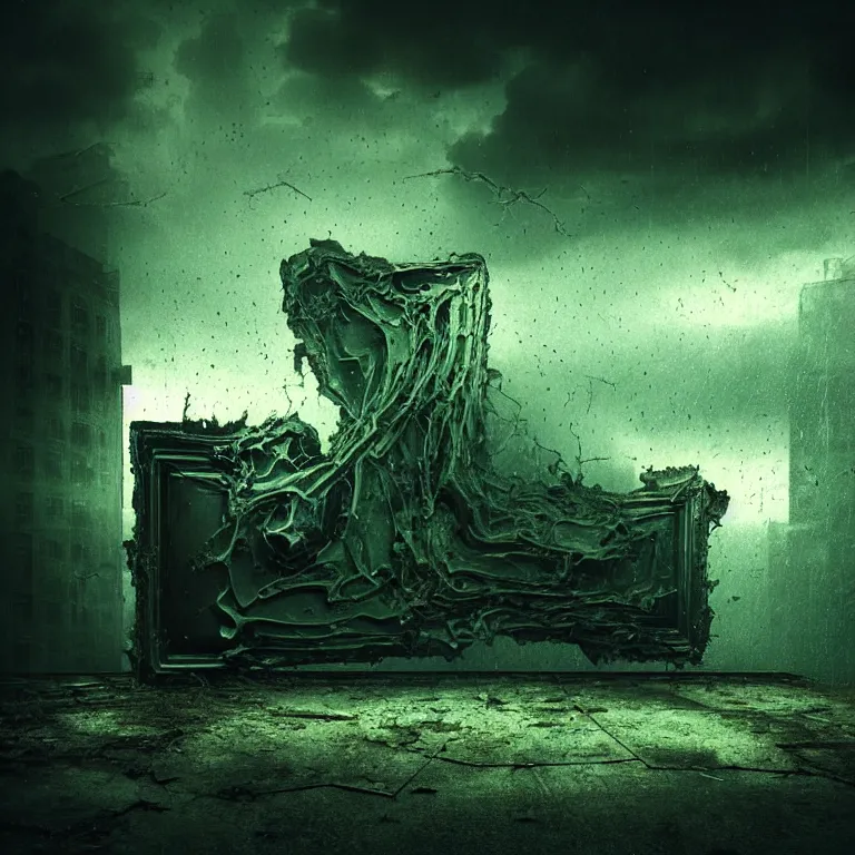 Prompt: surreal abandoned ribbed broken dripping pc monitor, dark clouds, dark green tint, surreal abandoned buildings, dream-like heavy atmosphere, baroque painting, beautiful detailed intricate insanely detailed octane render trending on Artstation, 8K artistic photography, photorealistic, dramatic volumetric cinematic perfect light, chiaroscuro, award-winning photograph, masterpiece, Raphael, Caravaggio, Beksinski, Giger