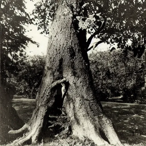 Prompt: shadow monster hiding behind a tree, vintage photo, eerie, 1920s