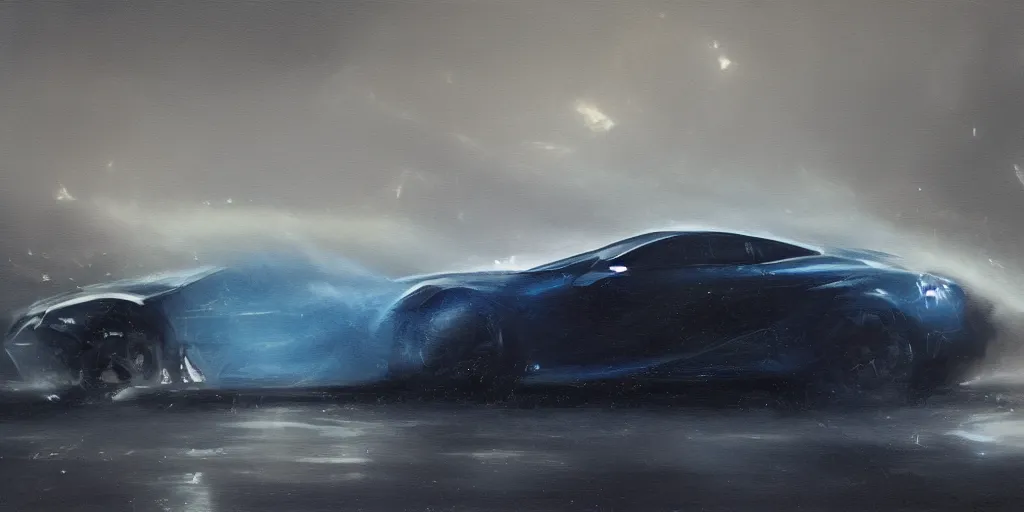Image similar to full view of a single sport car, surrounded in dust clouds, driver leaning on the car\'s door outside, busy wet street at night, painted in dark color holographic pearlescent, elegant, digital painting, concept art, smooth, sharp focus, art style from Wang Ke and Greg Rutkowski and Bruce Kaiser and Scott Robertson and Dmitry Mazurkevich and Doruk Erdem and Jon Sibal, small style cue from Mad Max
