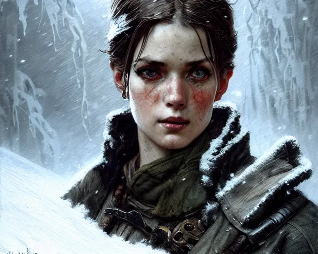 Image similar to a epic norman rockwell painting close up face portrait group of ninja roaming through the winter mountains, gritty tech, deep focus, fantasy, intricate, elegant, highly detailed, digital painting, artstation, concept art, matte, sharp focus, illustration, dark fantasy style art, resident evil, art by artgerm and greg rutkowski and alphonse mucha