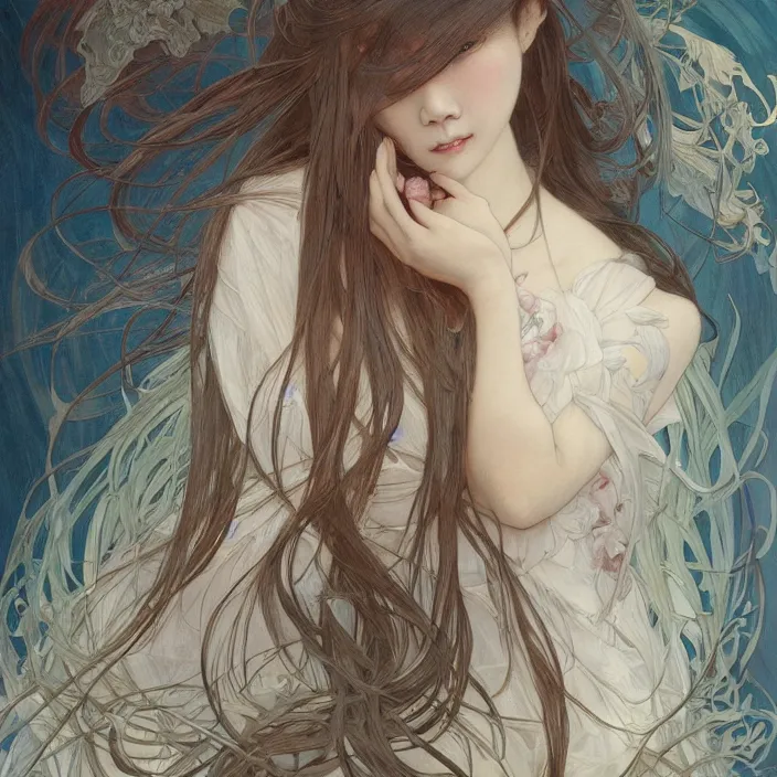 Prompt: A portrait of A Chinese woman with long hair by Ross Tran!!! and alphonse mucha and greg rutkowski! and gustav doré! and Zdzisław Beksiński!,In style of digital art illustration.Symmetry.Highly detailed face.Fantasy,smooth,hyper detailed,sharp focus,Soft light.trending on artstation.4k