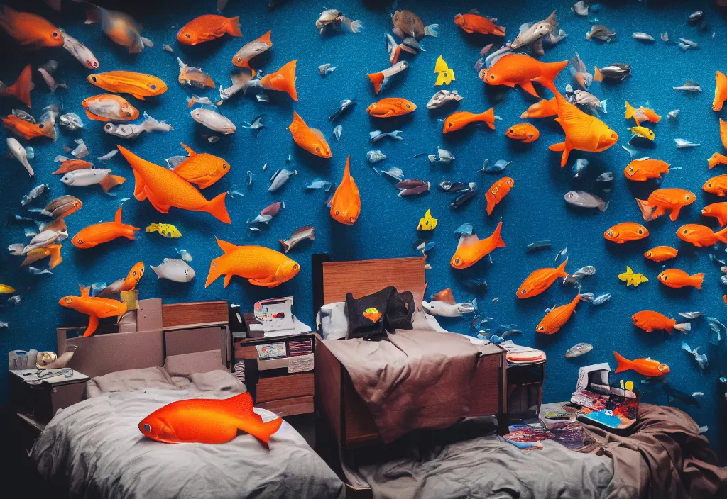 Prompt: fishes popping out of curved movie screen, fishes floating in bedroom, volumetric lighting, sleeping, pair of keycards on table, bokeh, creterion collection, shot on 7 0 mm, instax