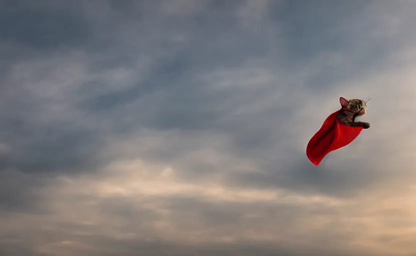 Image similar to cat with a red cape flying through the sky in a superman pose