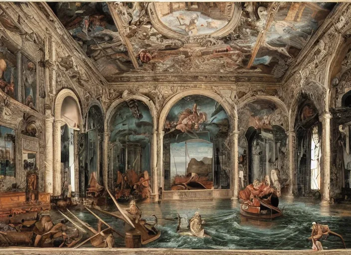 Image similar to a renaissance castle room flooded with water, a robot is sitting in a boat, the robot has a fishing rod,