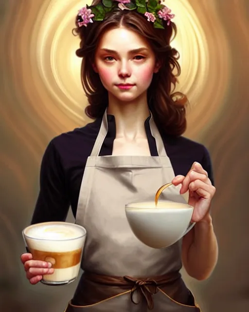 Image similar to a dreamy angelic barista in an apron holding latte art, fantasy character portrait, ultra realistic, intricate, elegant, highly detailed, digital painting, artstation, smooth, sharp, focus, illustration, art by artgerm and greg rutkowski and alphonse mucha